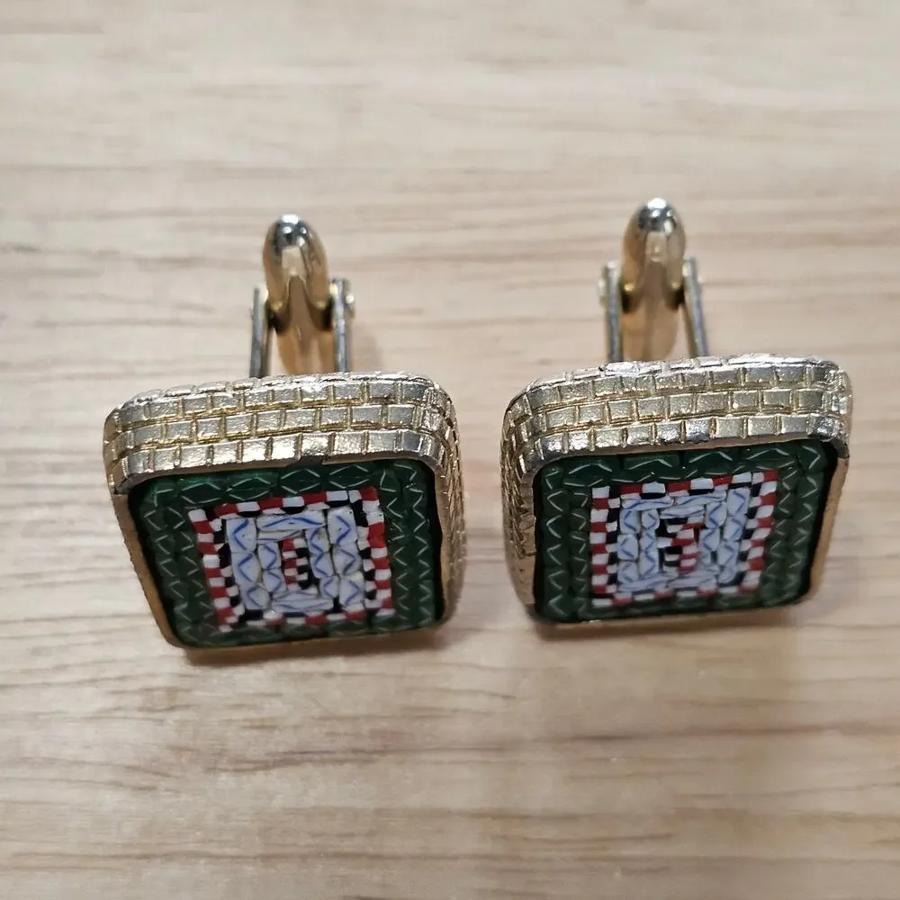 Vintage Micromosaic Cufflinks Green with Gold Textured Surround